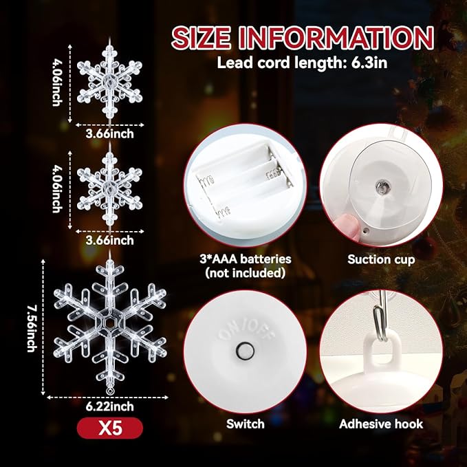5Pcs Christmas Window Lights, Battery Powered Twinkle Lights Christmas Decorations Indoor Outdoor for Wall Door Porch Balcony Glass Decor with Suction Cup & Timer
