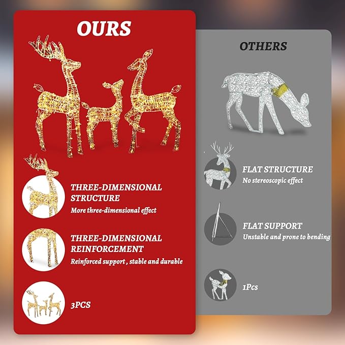 51" H Christmas Iridescent Reindeer Decoration Family Set for Yard 3-Piece Light Up Deer with 360 LED Lights and Ground Stakes 3D Large Outdoor Holiday Decoration for Patio, Lawn, Garden