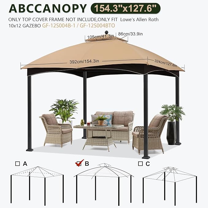 ABCCANOPY Gazebo Replacement Canopy Top for Lowe's Allen Roth #GF-12S004B-1, New Beige