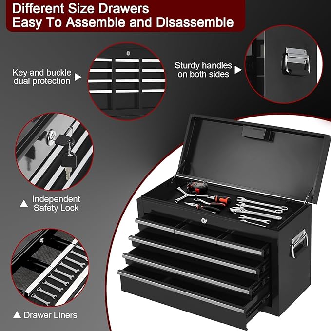 8-Drawer Rolling Tool Chest, 2-in-1 Detachable Top Tool Cabinet with Removable High Capacity Storage, Sliding Drawers, Wheels, Locking System & Liners for Workshop, Mechanics, Garage and Warehouse Use