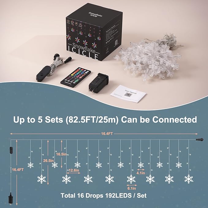 Smart Christmas Snowflake Icicle Lights, 16.4FT 192 LED 16 Drops, APP Remote Control Plug in 16 Million Colors, Curtain Lights Connectable, Xmas Decorations with Timer & Music Sync for Indoor Outdoor