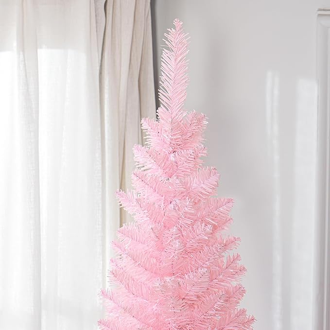 HOMCOM 8' Artificial Pencil Christmas Tree, Slim Xmas Tree with 618 Realistic Branch Tips and Plastic Stand, Pink