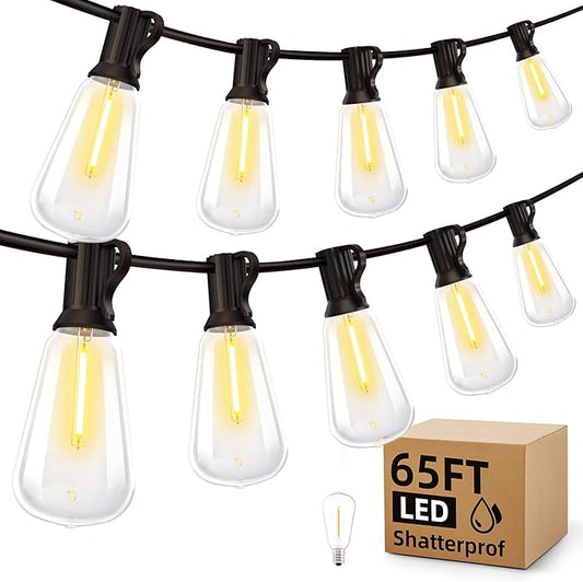 Outdoor String Led Patio Lights: 65Ft 20M Outside Waterproof Light ST38 Shatterproof Bulb Connectable Hanging Outdoor Electric Lighting for Backyard Yard Gazebo Porch Party