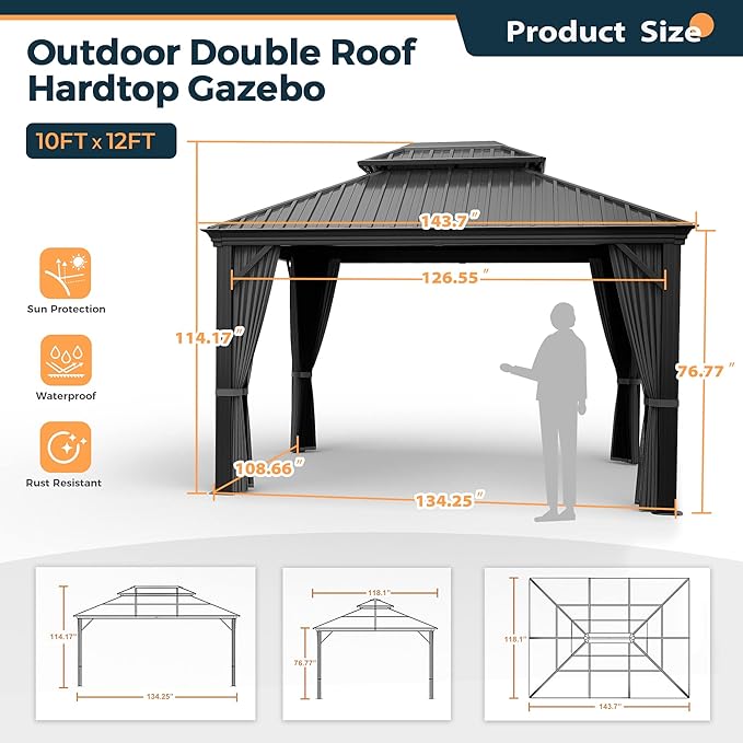 HAPPATIO 10' x 12' Hardtop Gazebo with Netting and Curtains, Double Roof Permanent Patio Metal Gazebo Canopy for Patio, Deck, Backyard （Gray）