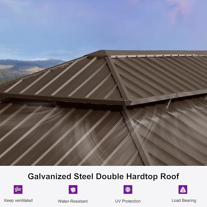 PURPLE LEAF 14' X 24' Outdoor Hardtop Gazebo Patio Wide Aluminum Frame Metal Double Roof with Heavy Duty Netting and Curtains for Permanent Hard Top Pavilion Screen, Khaki