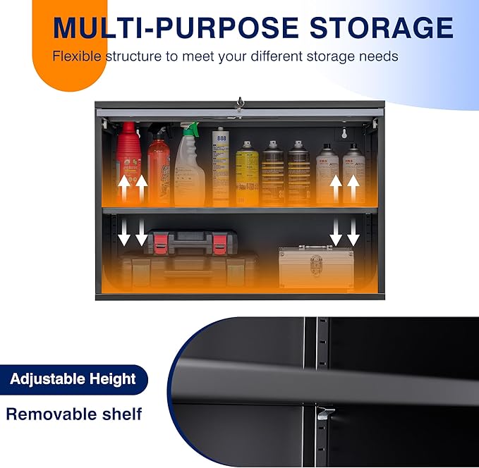 Yizosh Metal Wall Cabinet with Doors and Shelves, Wall Mounted Storage Cabinet for Garage, Basement, Kitchen, Warehouse (Black Gray, 21.6 H)