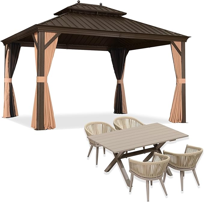 PURPLE LEAF 10' X 12' Hardtop Gazebo with 5 Pieces Wide Aluminum Frame Galvanized Steel Double Roof with Heavy Duty Netting and Curtains for Permanent Hard Top Pavilion Screen Khaki