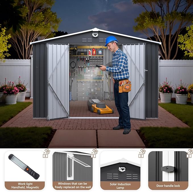 10x12 FT Outdoor Storage Shed, Metal Garden Shed - Tool Storage Sheds with Lockable Doors & 1 Vented Clear Window, Waterproof Outside Storage Building for Backyard, Patio (Black; Floor Not Included)