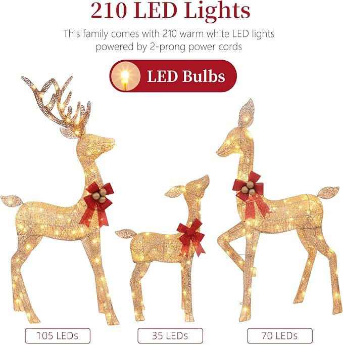 3-Piece Lighted Christmas Deer Family - HOLILITE 4.5ft 3D Pre-Lit Reindeer Outdoor Decorations with 210 LED Lights, Yard/Garden/Patio Holiday Display - Gold