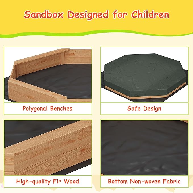 82 Extra Large Wooden Octagon Sandbox with Cover and 4 Bench Seats, Outdoor Kids Sand Pit with Bottom Liner, Fits 6-8 Children, Solid Fir Wood Sandpit for Backyard, Patio, Ages 3-8