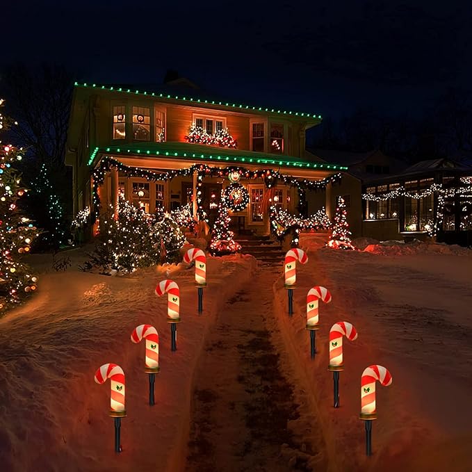 GOOTHY C7 Christmas Pathway Lights Outdoor, 7Ft Outdoor Christmas Decoration String Light with 8 Xmas Walkway Light Waterproof for Patio Driveway Lawn Garden Yard, Candy Cane, 14Ft