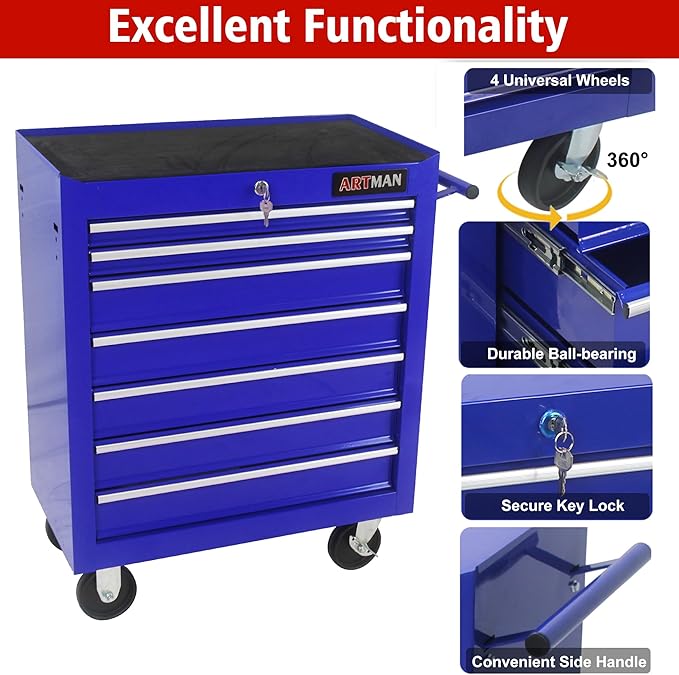 RYH 7 Drawers Rolling Tool Chest & Tool Box on Wheels | Heavy Duty Metal Cart with Ball Bearing Drawers | Fits US General Tool Box for Garage Storage (Blue, 7 Drawers£¨29.9 H ¡¿ 24.2 W ¡¿ 12.9 D)