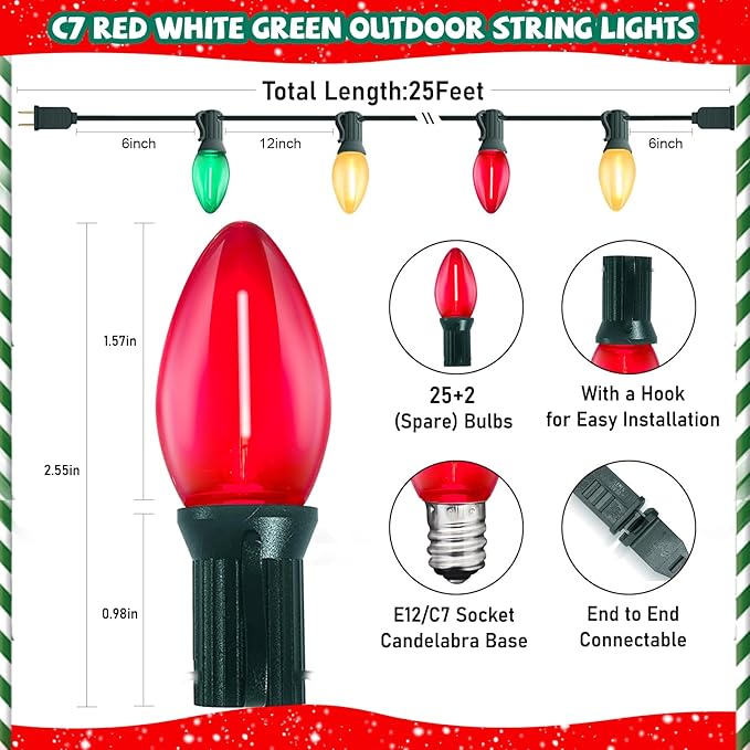 C7 LED Christmas Lights Outdoor,25ft LED Clear Red White Green Christmas Lights with 27 LED Bulbs(2 Spare),Connectable Christmas Decorations Light for Indoor Outdoor Home Party Garden Yard