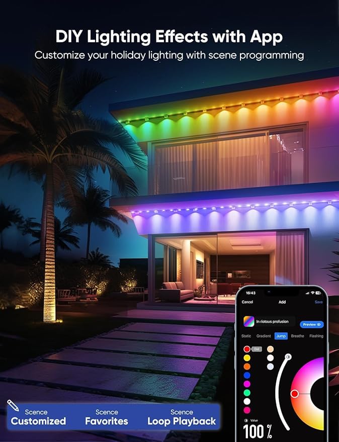 APPECK Permanent Outdoor Lights Pro 150ft, 108W RGBCW Eaves Light with 108 LED Lights, 80lm, Cuttable, 111 Scene Modes, IP67 Waterproof Lighting for Halloween Decoration, Compatible with Alexa, Black