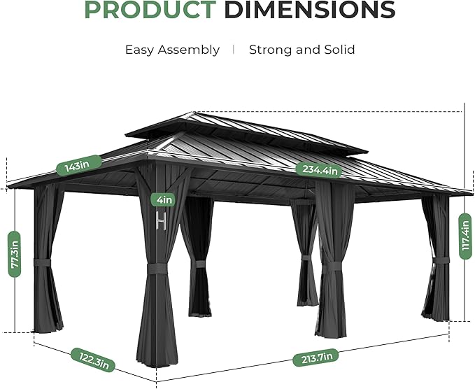 12' x 20' Hardtop Gazebo, Aluminum Frame Gazebo with Double Galvanized Steel Roof, Outdoor Permanent Pavilion with Netting & Curtains for Backyard, Garden, or Deck, Grey