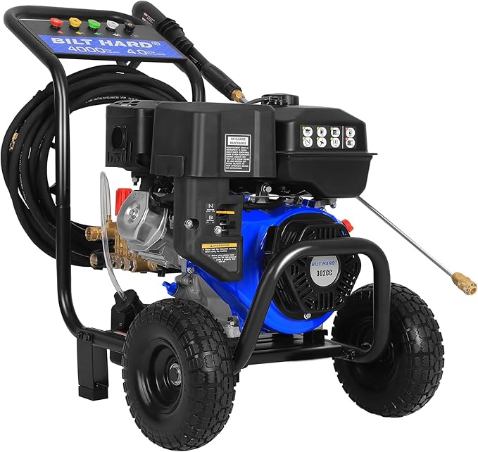 BILT HARD 4000 PSI 4.0 GPM GAS Pressure Washer, 302cc Engine, Gas Power Washer with Triplex Pump, Spray Gun and Wand, Built-In Soap Tank, 5 QC Nozzle Tips, 50 Ft Hose with 3/8 Quick Connect, 49-State