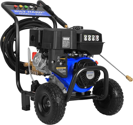 BILT HARD 4000 PSI 4.0 GPM GAS Pressure Washer, 302cc Engine, Gas Power Washer with Triplex Pump, Spray Gun and Wand, Built-In Soap Tank, 5 QC Nozzle Tips, 50 Ft Hose with 3/8 Quick Connect, 49-State