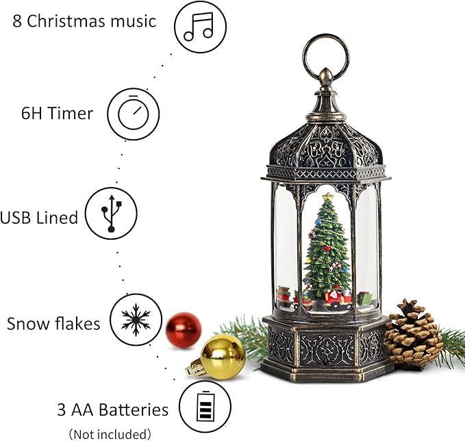Christmas Snow Globes,Snow Ball Christmas with Music,6H Timer Cylindrical Flashing Snow Ball,Bronze Christmas Music Box Including 8 Songs, Lantern with Christmas Tree