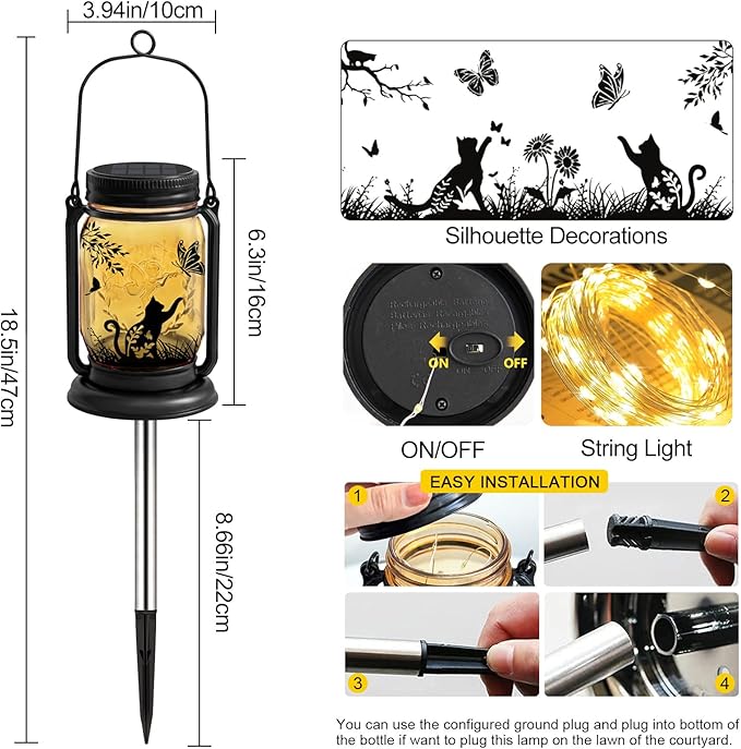 2 Pack Cat Solar Lanterns, Outdoor Hanging Solar Lantern with Stake, Christmas Birthday Gifts for Mom, Grandma,Women,Black Cat Butterfly Vintage Glass Mason Jar Waterproof Lights for Yard Garden Decor