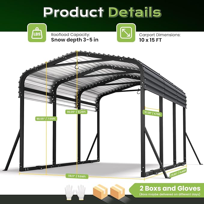 10x15FT Metal Carport, Heavy Duty Car Garage w/Reinforced Support Rods and Windproof Ground Anchors, All-Weather Multi-Use Outdoor Shelter for Car, Boats and Truck