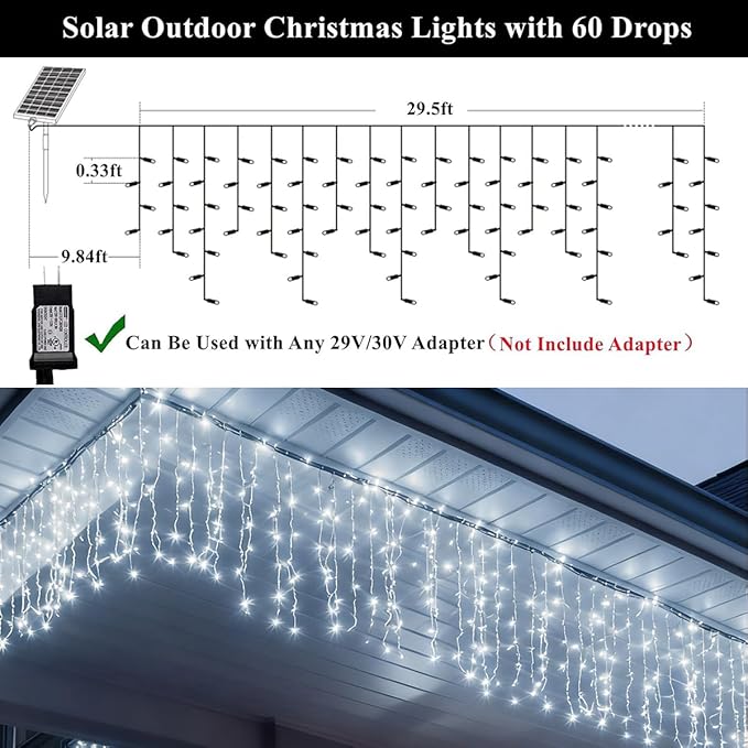 320LED Solar Christmas Lights Outdoor Waterproof Christmas Decorations Lights 29.5ft 60 Drops,8 Modes Solar Powered Rechargeable Fairy Lights for Party, Holiday,Wedding Decorations (Cool White)