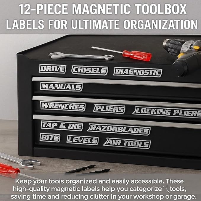12 Pack of Magnetic Toolbox Labels, 3D-Printed Tool Box Labels, General Tool Box Organize Accessories, Reusable Tags for Steel Toolboxes, Carts, Drawers, and Cabinets (Red)