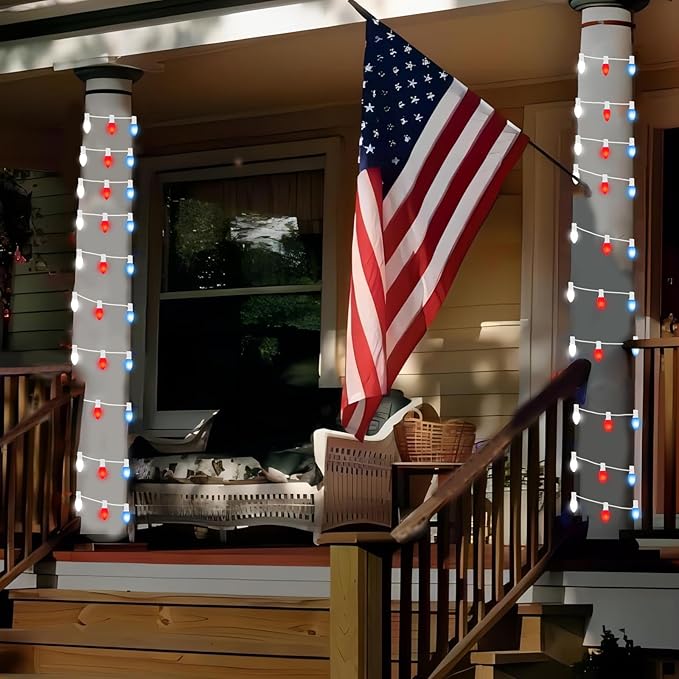 Red White and Blue String Lights,25FT Waterproof LED Fourth of July Lights with 28 C7 LED Bulbs(3 Spare),Patriotic String Lights for Inauguration Decorations Independence Day Party Hoilday Decor