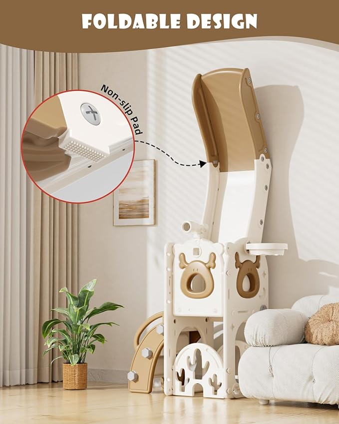 XJD 7 in 1 Toddler Slide, Kids Indoor Slide for Toddlers 1-3, New Upgrade with Golf, Basketball Hoop for Indoor Outdoor Playset, Birthday Gifts for Toddler (White Brown)