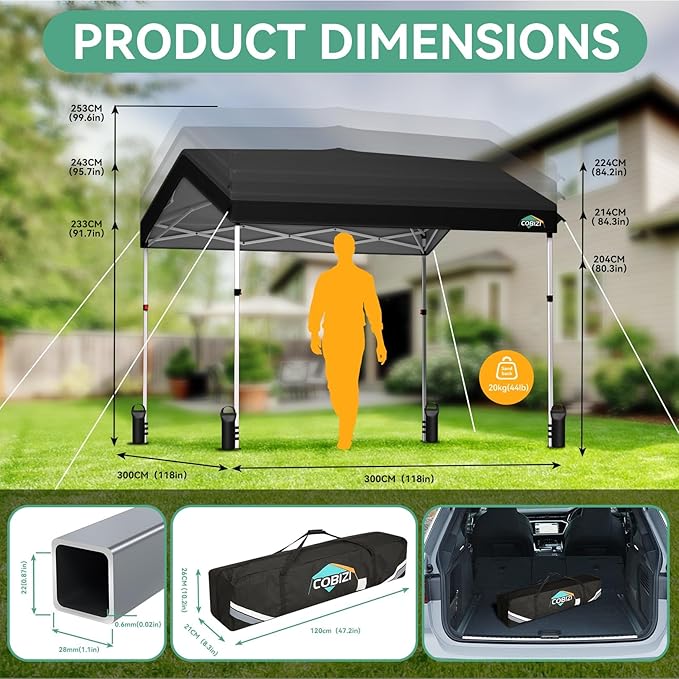 COBIZI 10x10 Pop Up Canopy with One Button Push Center Lock,Ez Up Portable Carport Without sidewall,Waterproof UV50+ Outdoor Party Commercial Carport Canopy with Carry Bag(10 x 10 ft Black)
