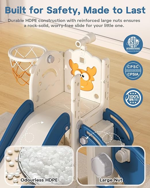 BIERUM Toddler Slide for Kids,6-in-1 Indoor Outdoor Toddler Slides Playground with Basketball Hoop, Golf Game & Telescope, L-Shaped Baby Slide Climber Playset, Blue&Yellow