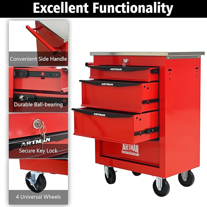 RYH 4/5/6/7 Drawers Rolling Tool Chest -Heavy Duty Mobile Metal Tool Box with Locking Wheels, with Stainless Steel Worktop, Garage Tool Storage Cabinet (Red, 4-Drawers 30.7 H¡¿22.2 W)