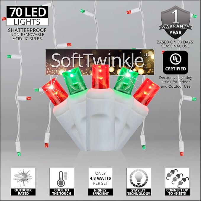 Wintergreen Lighting SoftTwinkle 70 Red/Green Pulsing Twinkle LED Icicle Christmas Lights, 7.5 ft White Wire Indoor/Outdoor Commercial Grade Holiday & Christmas Roof Lighting