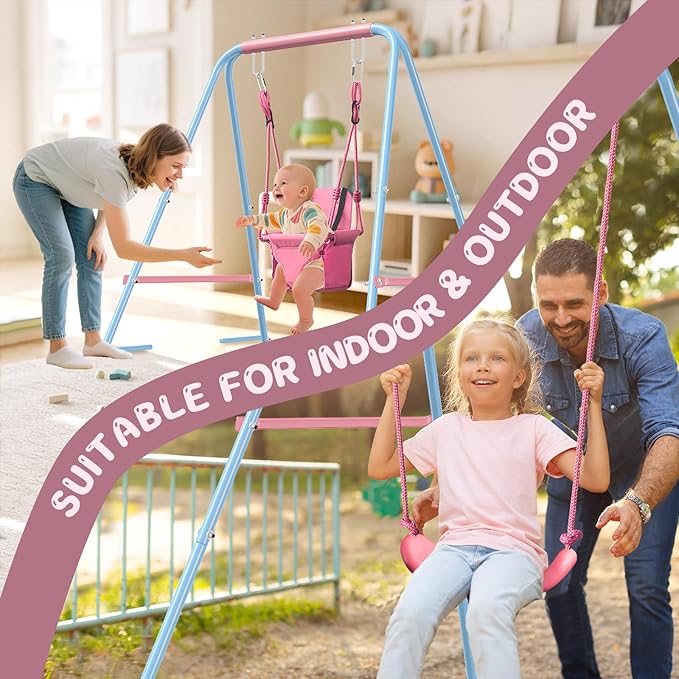 2-in-1 Toddler Swing Set with Foldable Stand, Baby Swingset with 2 Types of Anchors for Indoor & Outdoor, 1 Belt & 1 Soft Swing Seat with Safety Harness & Height Adjuster for 6 Months and Older Kids