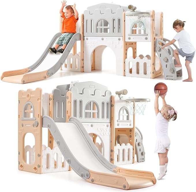 8-in-1 Toddler Slide & Climber Playset for Kids 1-3 Years, Indoor Outdoor Activity Center with Basketball Hoop, Tunnel, Telescope, Steering Wheel & Storage, Safe HDPE Backyard Fun House