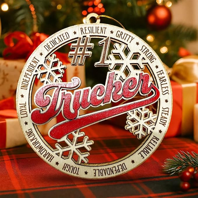 #1 Trucker Wooden Christmas Ornament – Truck Driver Holiday Tree Decoration, Gift for Truckers, CDL Drivers, Dad or Husband, Rustic Red Snowflake Ornament for Trucking Lovers