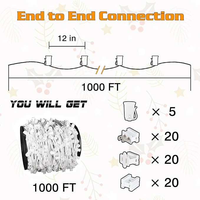 1000FT C9 Light String, E17 Socket 12" Spacing, C9 Christmas Stringer Outdoor Black Stringer for Wedding Patio Event Lighting Decor, White Wire