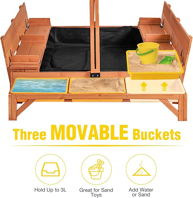 Aivituvin Kids Sand Boxes with Lid and Canopy, Outdoor Sandboxes with Cover, Foldable Bench Seats, Retractable Roof, Sand Table for Kids Ages 4-8 (Brown with Toy Bins)
