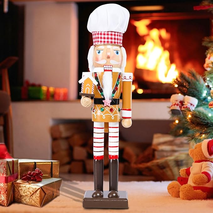 Christmas Nutcracker Decoration - 15 Inch Wooden Gingerbread House Soldier Figure for Table Desktop Home Christmas Decor Xmas Indoor Decor Cook
