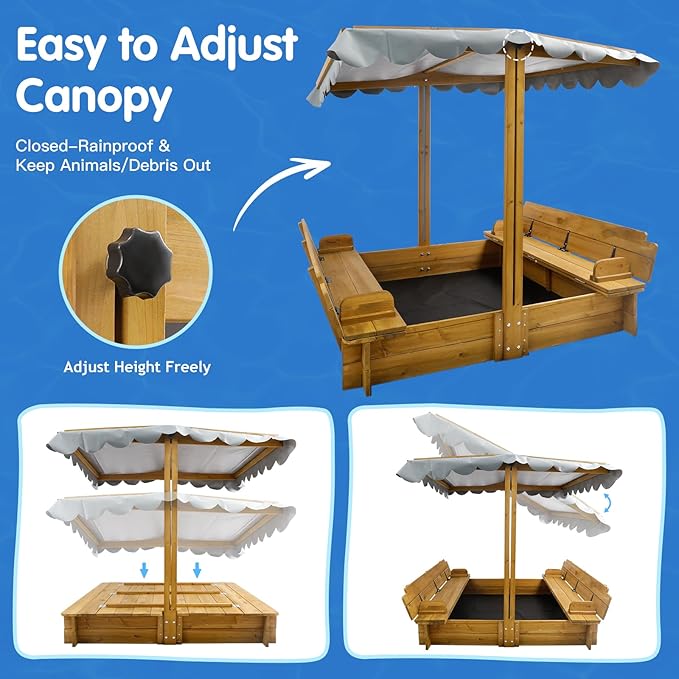Wooden Kids Sandbox with Lid, Outdoor Sand Box with Canopy and Two Foldable Bench Seats, Sandbox with Cover for Play, Backyard, Gift for Kids Aged 2-8, Bottom Liner & Adjustable Cover, 47''