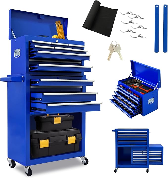 13 Drawers Tool Chest with Wheels,Large Capacity Tool Storage Cabinet with Removable Top Toolbox, Locking Mechanical Tool Cart with Liner,Suitable for Garages, Warehouses-Blue