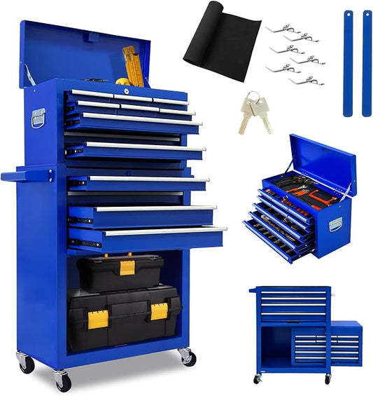13 Drawers Tool Chest with Wheels,Large Capacity Tool Storage Cabinet with Removable Top Toolbox, Locking Mechanical Tool Cart with Liner,Suitable for Garages, Warehouses-Blue