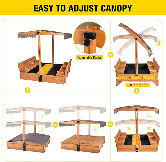 Wooden Sandbox with Cover | Large Sandpit for Kids Outdoor with Adjustable Canopy Backyard Play | w/Movable Toy Bins