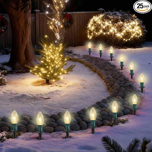 Christmas Pathway Lights Outdoor,38FT 25 Pcs Warm White Extendable Waterproof Walkway Lights with C9 Clear Bulbs and Stakes for Outdoor Yard Porch Driveway Backyard Christmas Decorations