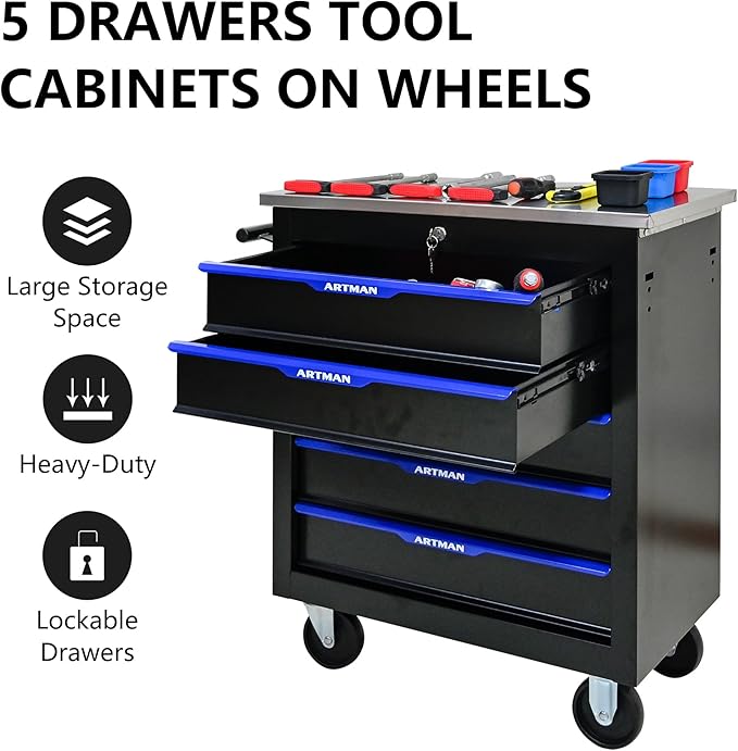 RYH 4/5/6/7 Drawers Rolling Tool Chest -Heavy Duty Mobile Metal Tool Box with Locking Wheels, with Stainless Steel Worktop, Garage Tool Storage Cabinet (Black-Blue, 5-Drawers 30.7 H¡¿25.9 W)