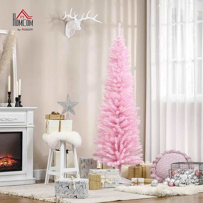HOMCOM 6' Artificial Pencil Christmas Tree, Slim Xmas Tree with 390 Realistic Branch Tips and Plastic Stand, Pink