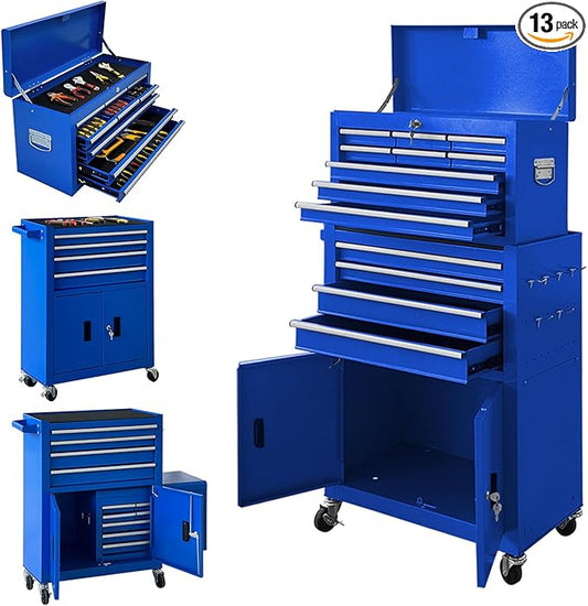 13-Drawer Rolling Tool Chest with Double Door Handle, 2 in 1 Detachable Tool Chest, Large Tool Storage with Wheels, Lockable Tool Cabinet for Garage, Barbershop-Blue