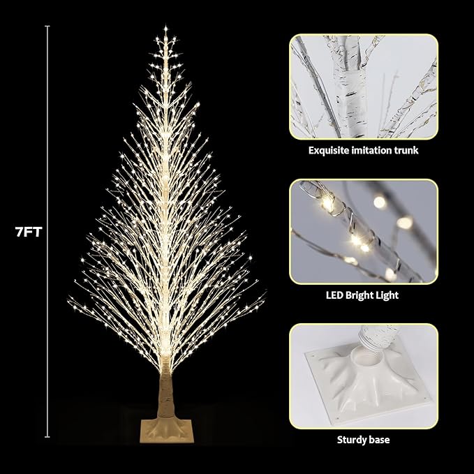 7FT Lighted Birch Tree 1000 LED Warm White Lights with Twinkle Lights，Twinkling or Steady Function for Selected, LED Artificial Tree Light for Indoor Outdoor Christmas Decorations