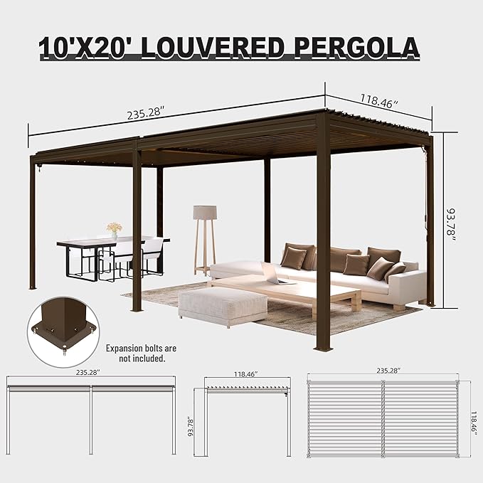 10’ x 20’ Louvered Pergola, Outdoor Pergola Aluminum Frame with Adjustable Rainproof Metal Roof, Permanent Sun Shade with Drainage System for Backyard, Garden and Lawn (Dark Brown)