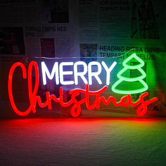 Horseneon Christmas Neon Led Sign, Merry Christmas Neon Signs for Wall Decor, Christmas Tree Neon Light Sign with USB Powered for Christmas Party, Windows, Home Decor, Bedroom, Living room, Bar