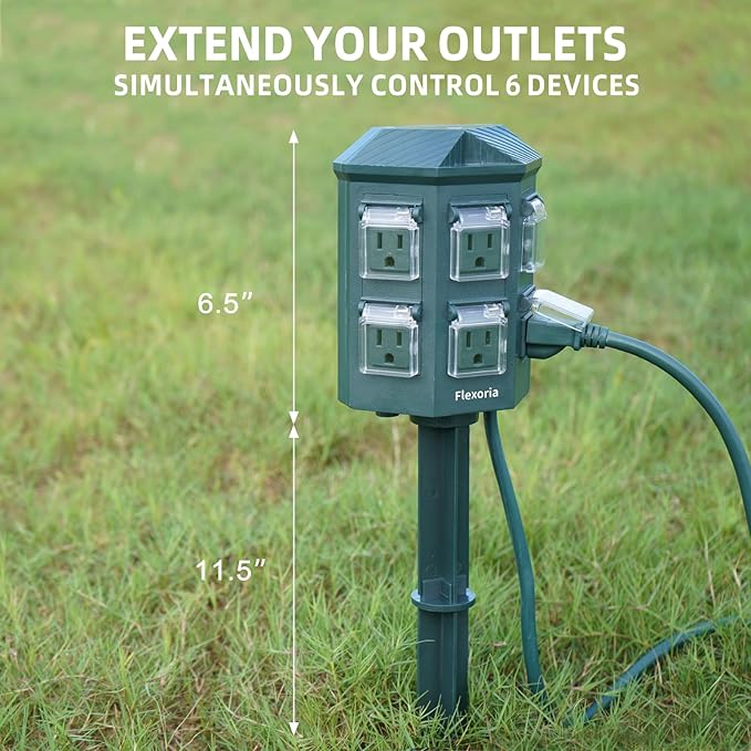 Outdoor Power Stake Timer, Remote Control Dusk to Dawn Light Timer, 25FT Extension Cord Waterproof, 6 Grounded Outlets for Outdoor Christmas Decorations, ETL Listed
